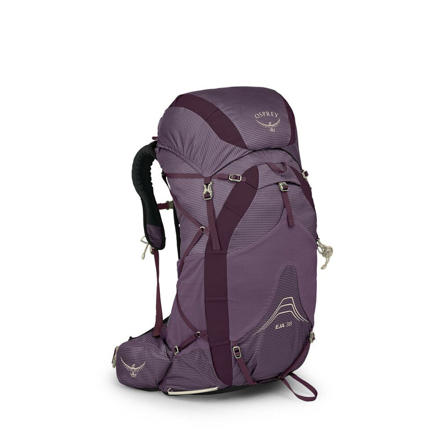 A purple Osprey Eja 38 Ultralight Backpack for women, featuring multiple compartments, adjustable straps, a padded back panel, and an ultralight design with AirSpeed Suspension, stands upright on a white background.