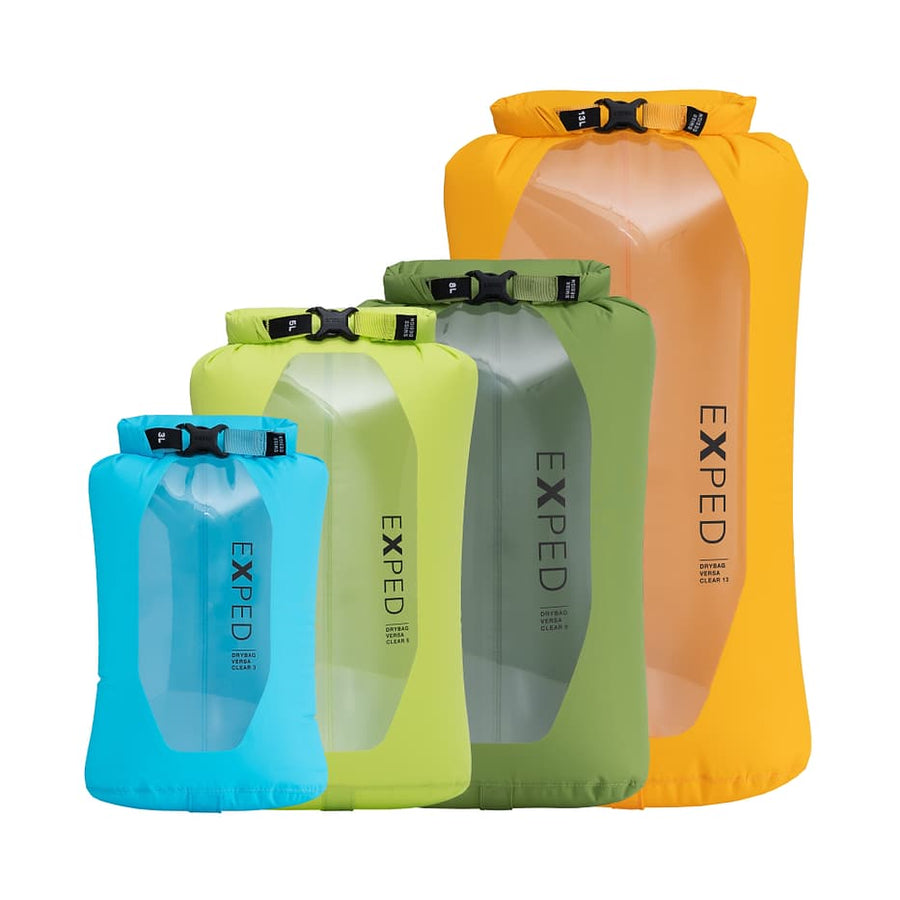 Set of four Exped clear/window dry bags in blue, green, yellow, and orange on a white background.