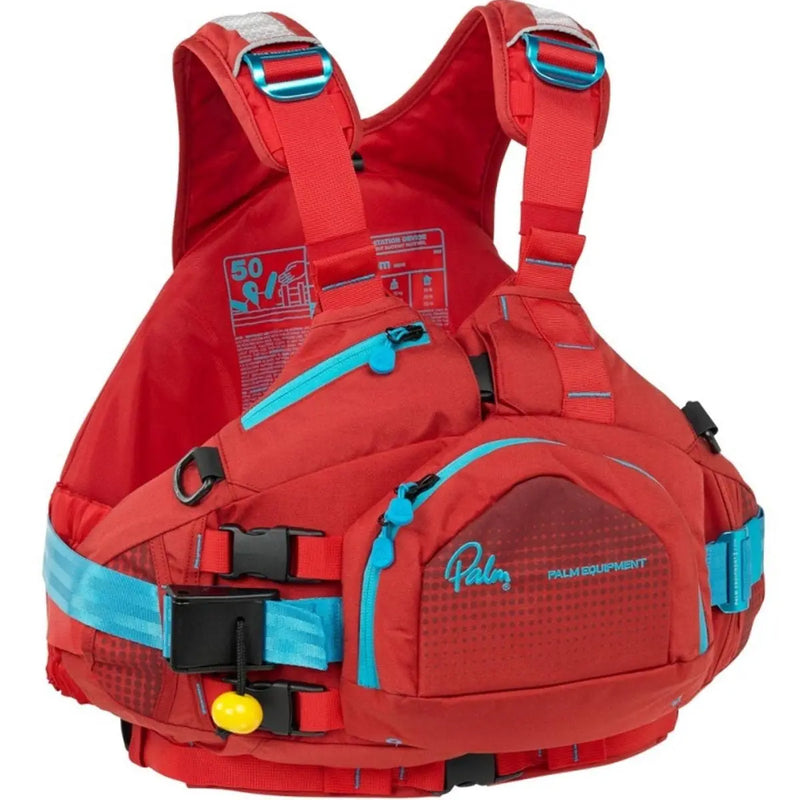 A red and blue life jacket designed for whitewater activities, featuring multiple pockets and buckles.