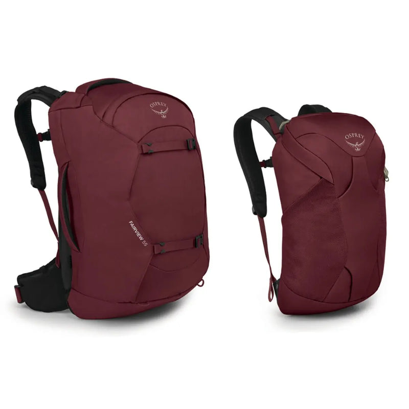Osprey Fairview 55 Travel Pack - Zircon Red - Front with Daypack