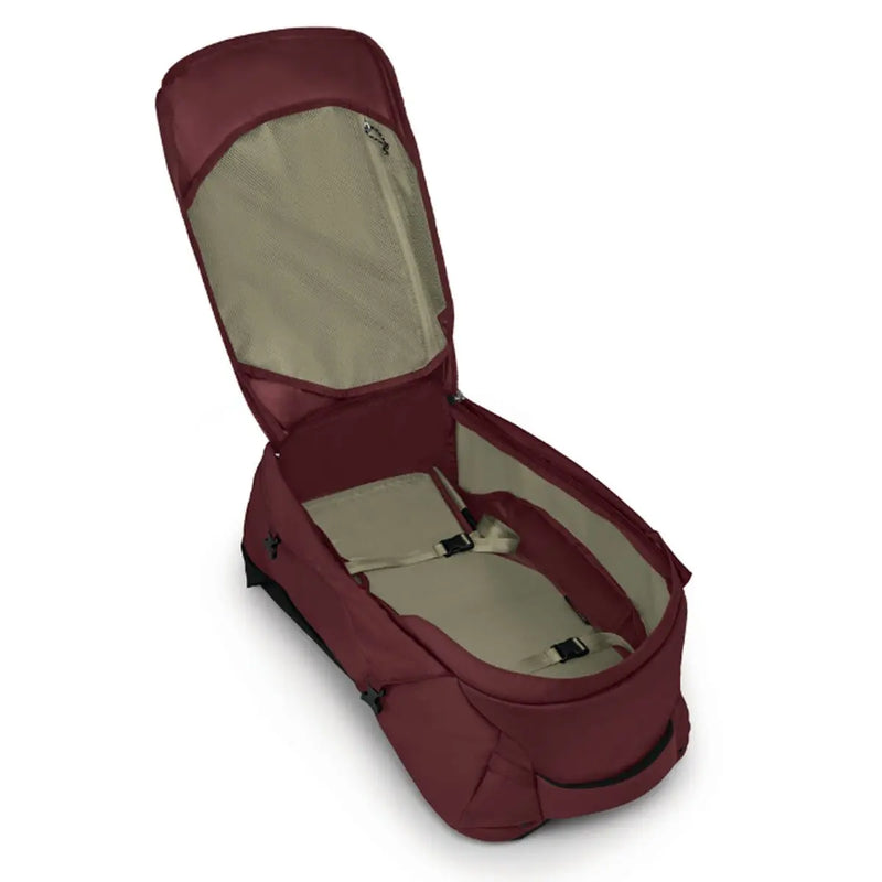 Osprey Fairview 55 Travel Pack - Zircon Red - Suitcase Opening