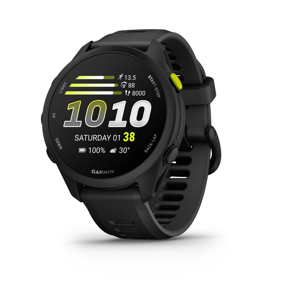 Black Garmin smartwatch with digital display on a white background