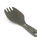 A close-up of the Sea to Summit Frontier Ultralight Spork - Short Handle in gray, featuring wide tines and the Sea to Summit logo on its handle—an ideal choice for backpacking cutlery enthusiasts who prioritize lightweight functionality.
