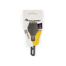 A Sea to Summit Frontier Ultralight Spork - Short Handle, made of reinforced nylon and weighing just 7 grams, is shown vertically in its original packaging against a white background. The gray spork is ideal for backpacking cutlery needs.