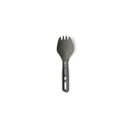 The Sea to Summit Frontier Ultralight Spork - Short Handle is a gray metal spork featuring two rectangular cutouts and a compact design, shown on a white background—making it an excellent option for backpacking cutlery enthusiasts who value durability and minimal weight.