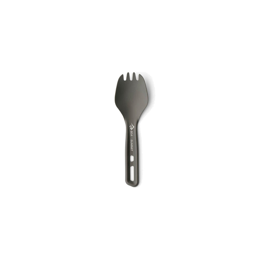 The Sea to Summit Frontier Ultralight Spork - Short Handle is a gray metal spork featuring two rectangular cutouts and a compact design, shown on a white background—making it an excellent option for backpacking cutlery enthusiasts who value durability and minimal weight.