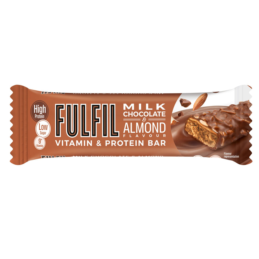 Fulfil milk chocolate and almond vitamin and protein bar on a white background. High-protein milk chocolate bar with almonds and 9 essential vitamins for smart snacking.