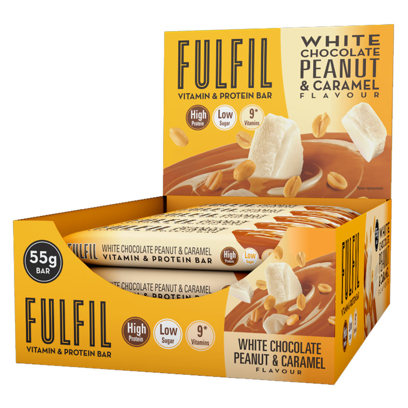 Box of Fulfil White Chocolate Peanut & Caramel Vitamin & Protein Bars on a white background. Enjoy 20g protein and only 2.1g sugar in every FULFIL White Chocolate Peanut Caramel bar.
