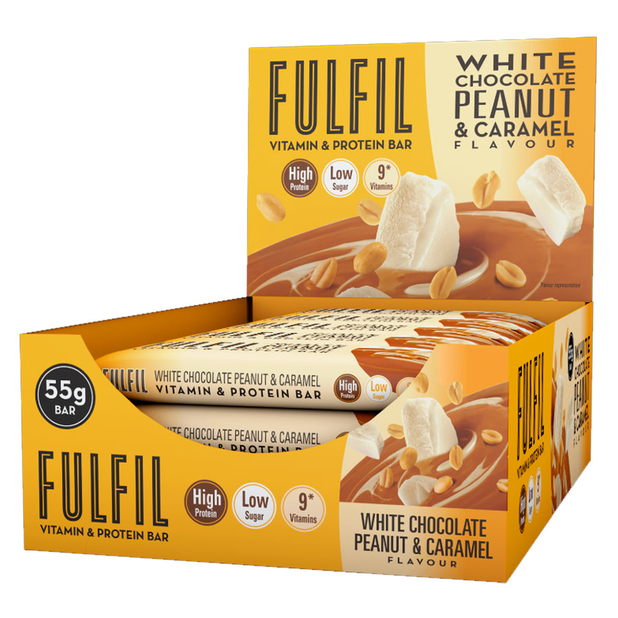 Box of Fulfil White Chocolate Peanut & Caramel Vitamin & Protein Bars on a white background. Enjoy 20g protein and only 2.1g sugar in every FULFIL White Chocolate Peanut Caramel bar.