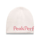 A light pink PP Hat by Peak Performance, made from 100% acrylic with a double-layer knit construction and partial red PeakPerf text along the bottom edge, shown on a white background.