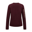 Back view of the Peak Performance Womens Trail Polartec Power Grid Crew Fleece in dark burgundy, showcasing its long sleeves and textured finish, with Peak Performance printed in light text along the right sleeve.