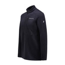 The Mens Trail Polartec Power Grid Half Zip Fleece by Peak Performance is a black, long-sleeve technical midlayer featuring a high collar, chest pocket, and discreet Peak Performance logos on the chest and upper sleeve. Designed for versatile use both on and off the trail, this fleece is crafted from advanced Polartec Power Grid fabric to provide exceptional warmth and breathability. The product is displayed against a plain white background.