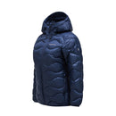 The Peak Performance Womens Helium Down Hood Jacket, shown against a plain white background, features a dark blue color, front zipper closure, wave-patterned stitching, and side pockets. Its hooded design and windproof, water-repellent shell provide added protection—making it an ideal choice for unpredictable weather.
