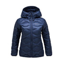 The Womens Helium Down Hood Jacket by Peak Performance is a navy blue puffer with a hood, front zipper, and subtle wavy stitching. It features a windproof, water-repellent shell and is displayed against a plain white background.