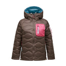 Introducing the Womens Helium Utility Down Hood Jacket by Peak Performance—a brown quilted, packable jacket designed for women. It features a blue-lined hood, a pink chest pocket, and stylish pink accents along the right sleeve and sides. Crafted with an ultralight down fill and distinctive wave-inspired quilting, this jacket ensures warmth without weight. The front zipper closure complements its windproof and water-repellent construction, making it an ideal choice for versatile weather protection.