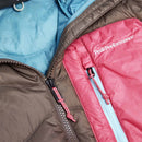 Close-up of the Peak Performance Womens Helium Utility Down Hood Jacket, showcasing its brown outer fabric, blue inner lining, and pink chest pocket with a zipper and Peak Performance logo. This windproof, water-repellent jacket blends stylish detailing with practical protection against the elements.
