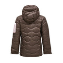 The Peak Performance Womens Helium Utility Down Hood Jacket is shown from the back, featuring a stylish quilted wave pattern and a light pink patch on the upper left sleeve. The snap closures at the cuffs add to its practicality, making this packable jacket an ideal everyday choice.