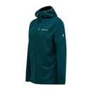 The Mens Trail Polartec Power Grid Zip Hooded Fleece by Peak Performance is shown in teal against a white background. Featuring a zip-up front, chest pocket, and the Peak Performance logo on both the chest and left sleeve, this technical midlayer fleece is ideal for versatile outdoor adventures.