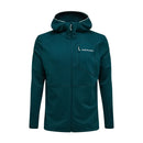 The Peak Performance Mens Trail Polartec Power Grid Zip Hooded Fleece is a teal jacket featuring a front zipper, chest pocket, and the Peak Performance logo on the left chest. Designed with long sleeves and a fitted silhouette, this technical midlayer offers a power grid zip hood, making it an ideal choice for active pursuits.