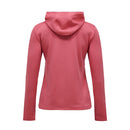 Back view of the Peak Performance Womens Trail Polartec Power Grid Zip Hooded Fleece— a long-sleeve, textured pink technical midlayer with an integrated hood and a streamlined, fitted silhouette. The fleece appears free of visible logos or extra designs and is shown against a plain white background.