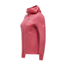 The Womens Trail Polartec Power Grid Zip Hooded Fleece by Peak Performance is shown on a white background. Designed as a technical midlayer for women, this pink jacket features a textured fabric, front zipper, long sleeves, and subtle Peak Performance branding on the chest and left sleeve.