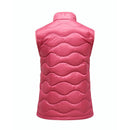 Here is your revised sentence: Back view of the Peak Performance Womens Helium Utility Down Vest in pink, showcasing a sleeveless design with a high collar and distinctive wavy quilting. This ultralight womens vest has no visible branding or logos and is displayed against a plain white background.