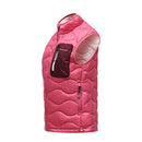 The Peak Performance Womens Helium Utility Down Vest is a sleeveless, pink quilted vest featuring a high collar and a maroon zippered chest pocket, displayed against a white background. Combining fashion and function, this versatile utility vest is perfect for layering or packing as an ultralight down option for women on the go.
