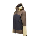 The Peak Performance Mens Vislight GORE-TEX C-Knit 3L Shell Jacket is a lightweight, waterproof shell with a hood and front zipper, designed with brown, navy blue, and cream color blocks. It features two zippered pockets and long sleeves—ideal as a versatile ski touring jacket for outdoor adventures.