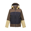 Introducing the Peak Performance Mens Vislight GORE-TEX C-Knit 3L Shell Jacket, a lightweight and waterproof color-blocked jacket featuring brown, beige, and dark gray panels. Designed with a hood, front zipper, two zippered side pockets, and adjustable cuffs, this versatile GORE-TEX shell is perfect for active days outdoors.