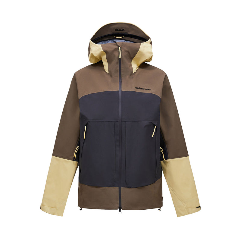 Introducing the Peak Performance Mens Vislight GORE-TEX C-Knit 3L Shell Jacket, a lightweight and waterproof color-blocked jacket featuring brown, beige, and dark gray panels. Designed with a hood, front zipper, two zippered side pockets, and adjustable cuffs, this versatile GORE-TEX shell is perfect for active days outdoors.