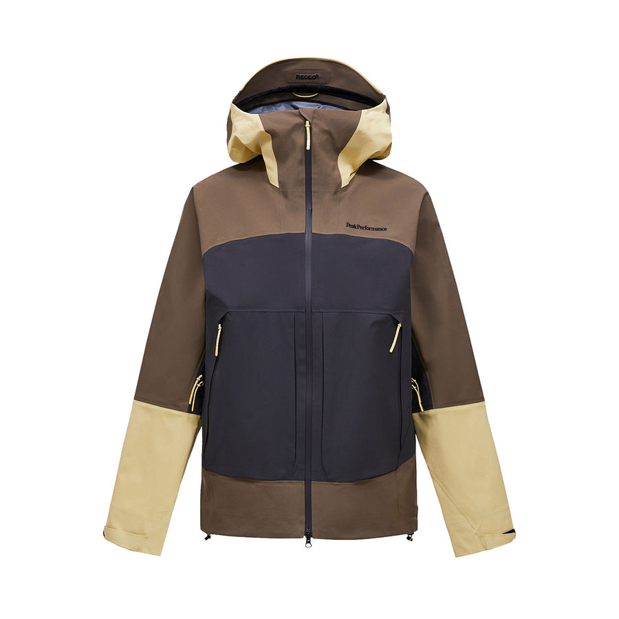 Introducing the Peak Performance Mens Vislight GORE-TEX C-Knit 3L Shell Jacket, a lightweight and waterproof color-blocked jacket featuring brown, beige, and dark gray panels. Designed with a hood, front zipper, two zippered side pockets, and adjustable cuffs, this versatile GORE-TEX shell is perfect for active days outdoors.