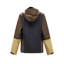 The Mens Vislight GORE-TEX C-Knit 3L Shell Jacket by Peak Performance, shown from the back, features color-blocked tan, brown, and dark navy panels. This lightweight waterproof shell includes a hood and long sleeves with black adjustable cuffs.