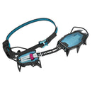 Climbing crampons with blue and black design on a white background