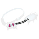 Transparent view of a crampon with pink and black straps on a white background