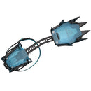 a crampon with black metal blades and handles, featuring translucent light blue plastic end pieces, shown on a solid white background.