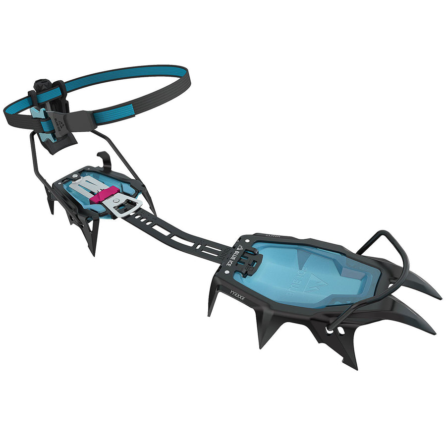 Blue Ice Crampon with blue metal spikes on a white background
