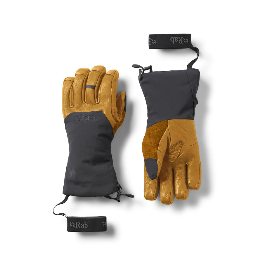 A pair of Rab insulated gloves shown flat against a white background, with one glove displaying the tan leather palm and the other showing the dark gray fabric back with a black wrist strap.