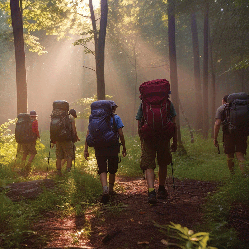 Hiking group on a trip through a forest