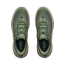 Top view of a pair of Hoka Mens Transport 2 city-to-trail running shoes in green, featuring black insoles, olive green laces, and beige soles with sustainable cushioning, set against a white background.