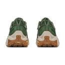 Rear view of a pair of green Hoka Mens Transport 2 running shoes with beige midsoles that offer sustainable cushioning and brown outsoles, placed side by side on a white background.