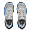 A pair of Hoka Mens Challenger 8 Trail Running Shoes in gray, featuring blue soles, green accents, and the word HOKA in green on the insoles, shown from a top-down view.