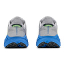 Rear view of two Hoka Mens Challenger 8 Trail Running Shoes in gray and blue, featuring Challenger 8 text on the heels and black rugged soles, positioned side by side on a white background. These cushioned trail running shoes are designed to provide comfort and support for runners across all terrains.