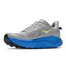 The Hoka Mens Challenger 8 Trail Running Shoe is displayed in a side profile on a white background, featuring a gray mesh upper, thick blue sole with black tread, and lime green accents.