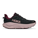 The Womens Challenger 8 Trail Running Shoe by Hoka features a black and maroon design with a thick, pale pink cushioned midsole and the bold HOKA logo on the side—ideal for road-to-trail adventures.