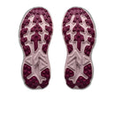 A pair of Hoka Womens Challenger 8 Trail Running Shoe soles with a rugged maroon and light pink tread pattern, engineered for superior traction. Featuring a cushioned midsole for enhanced comfort, these trail running shoes are displayed side by side, viewed from the bottom against a white background.