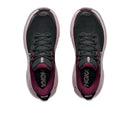 Top view of a pair of Womens Challenger 8 Trail Running Shoes by Hoka in black and maroon, featuring a cushioned midsole, displayed on a white background.