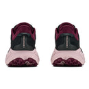 Two Hoka Womens Challenger 8 Trail Running Shoes are shown from the back, featuring black uppers, maroon lining, and pink soles with “Challenger 8” printed vertically on the heel tabs. Designed as a versatile road-to-trail option, these shoes include a cushioned midsole for added comfort on varied terrain.