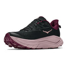 The Hoka Womens Challenger 8 Trail Running Shoe is shown at an angle on a white background, featuring a black and maroon design with a thick, light pink cushioned midsole and textured tread.