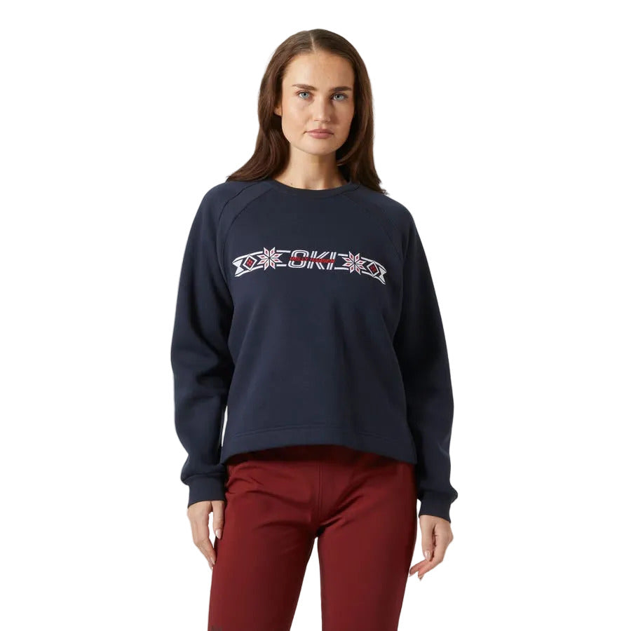 Woman wearing a Bliss navy blue sweatshirt with a logo on a white background