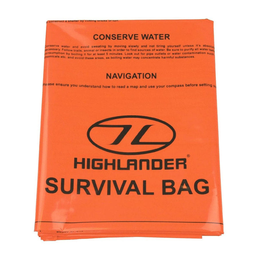 Highlander Emergency Survival Bivvy Bag for 2 people in hi-vis orange on a white background.